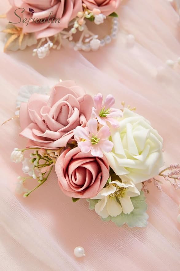 Serwalin Pink Corsage and Boutonniere Set 2 PCS, 6-7 Inch Boutonniere and Wrist Corsage Wristband Prom Flower Wedding Flowers Accessories Prom Suit Decorations Cake Topper