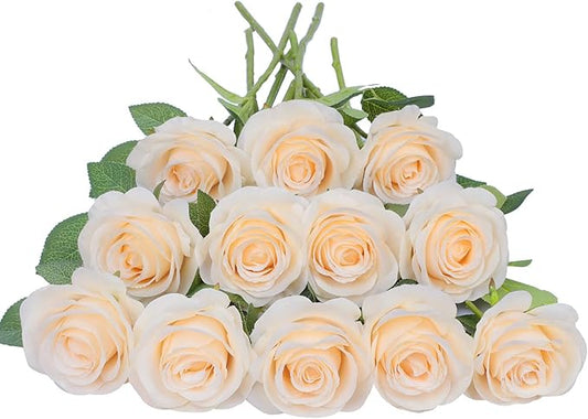 Artificial Rose Flower Artificial Flowers Flower with Long Stem Silk Roses Bouquet for Wedding Bridal Shower Party Home Decoration (Champagne, 30 Pcs)