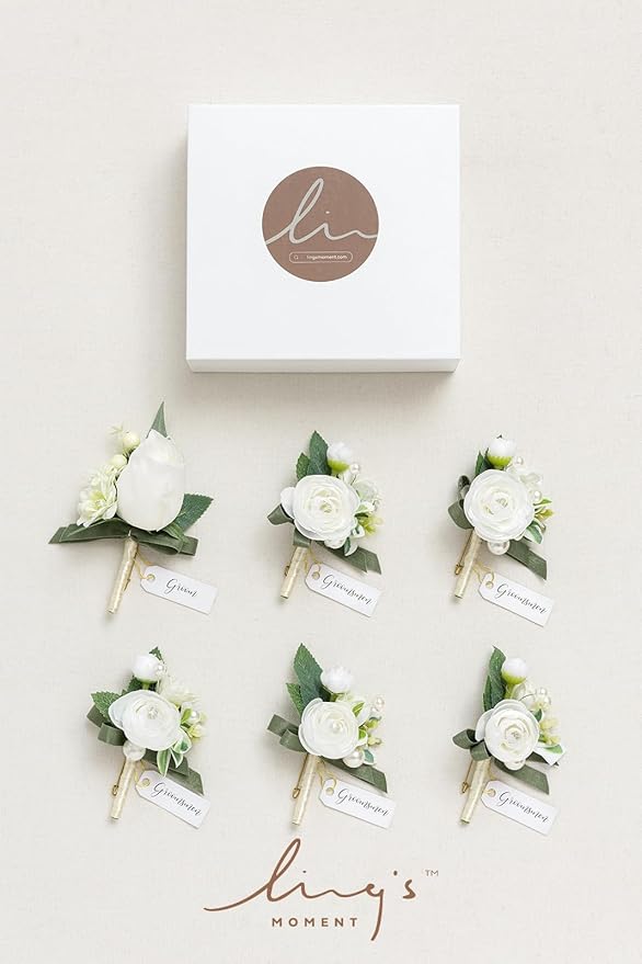 Ling's moment Boutonniere for Men, 6pcs Groom Groomsmen Boutonniere, Artificial Flowers for Wedding Decor/Prom/Homecoming, etc.White Ranunculus Pearl