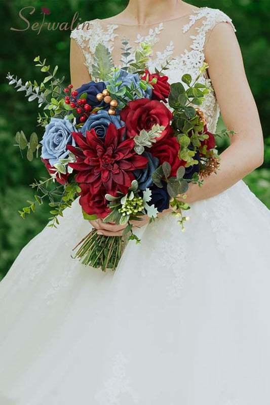 Serwalin Artificial Flowers Fake Cake Flowers Burgundy Navy Dahlia Flowers Box Set for DIY Wedding Bouquets Centerpieces Arrangements Party Baby Shower Home Decor