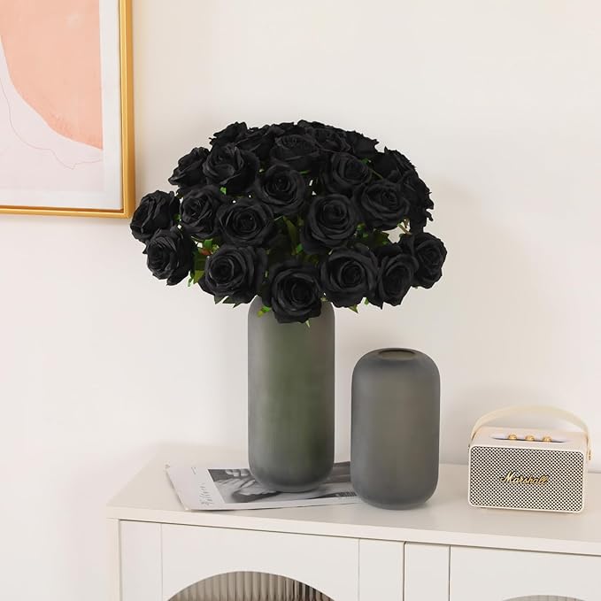 50PCS Artificial Silk Roses in Bulk & Bouquet Long Stem – Realistic Fake Roses for Wedding Centerpieces, Home Decor, Floral Arrangements, Party Decoration (Black)