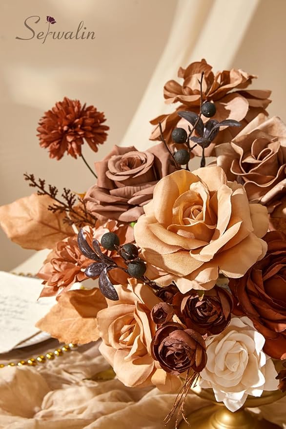 Serwalin Artificial Fall Flowers, Brown & Terracotta Silk Flowers with Stems, Fake Roses Flowers for Wedding Bouquets Bridal Baby Shower Party Craft Home Cake Decoration