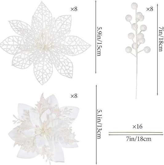 24Pcs Christmas Poinsettia Artificial Flowers and Glitter Berries Kit, 2 Styles Total 16Pcs Christmas Tree Flowers Ornaments, 8Pcs Christmas Tree Picks for Wedding Holiday Decorations, White