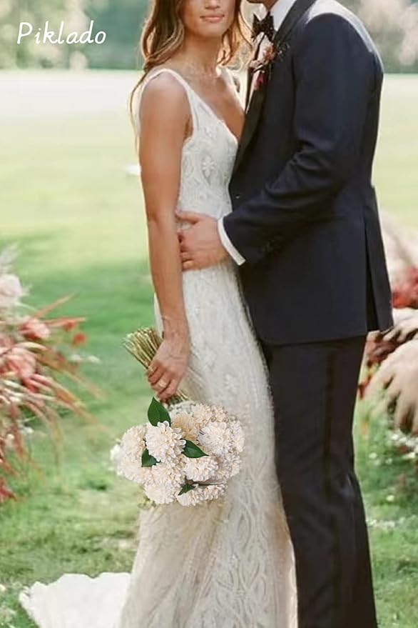 Artificial Wedding Dahlia Flowers 25 pcs Ivory Fake Roses w/Stem for DIY Wedding Decor Centerpieces Arrangements Bouquets(Champagne)