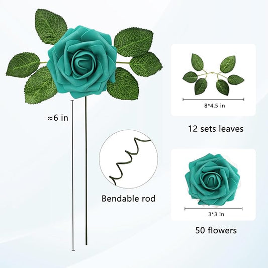 JOYLEX Artificial Flowers Realistic Roses, 50pcs Real Looking Fake Roses with Stem for DIY Wedding Bouquets Centerpieces Bridal Shower Party Home Romantic Decorations (50pcs, Dark Turquoise)