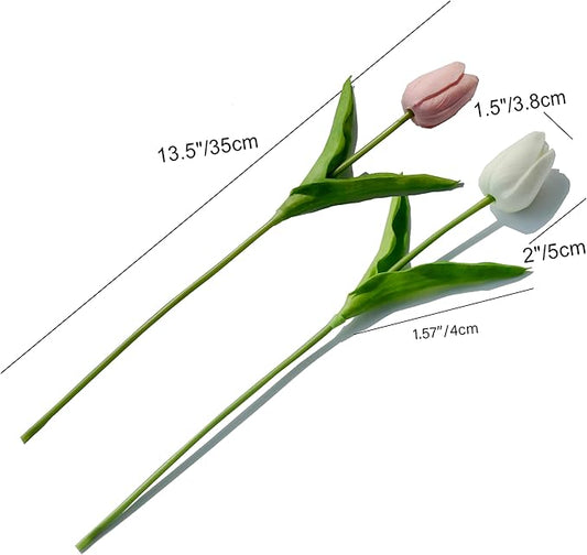 Mandy's Artificial Tulips 20 Stems White and Light Pink PU Faux Flowers for Thanksgiving and Christmas Decorations Wedding Home Decor 13.5 Inch