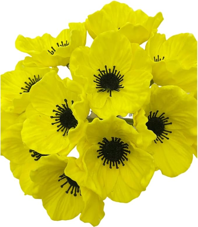 14Pcs Real Touch Anemone Poppy Bouquet for Artificial Flower Decor Kitchen Table Centerpiece Vase Home Greenery Wedding Holding Flowers Backdrop Arch Wall (Yellow)