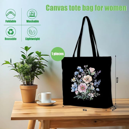Decohim Floral Butterfly Canvas Tote Bag Boho Canvas Bag with Pocket for Work Office Women Girl Christmas Birthday Gifts