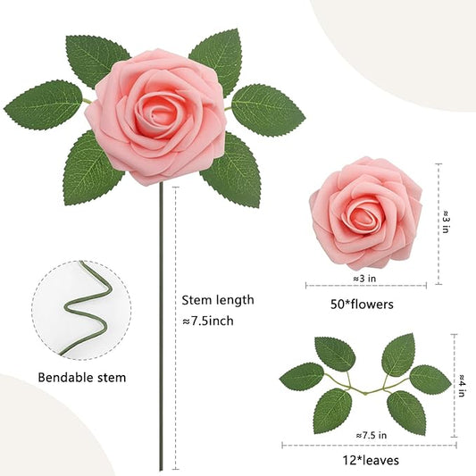 50PCS Pink Artificial Flowers Roses Real Looking Foam Fake Roses with Leaves and for DIY Wedding Bouquets Bridal Shower Centerpieces Party Decorations (Pink, 50)