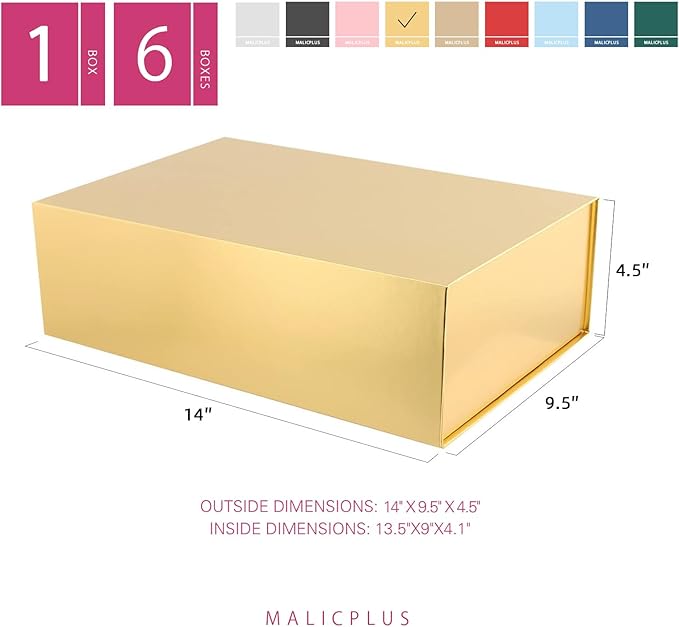 6 Christmas Large Gift Boxes with Lids 13.5x9x4.1 Inches, Gold Groomsmen Proposal Gift Boxes with Magnetic Closure for All Occasion (Glossy Gold)