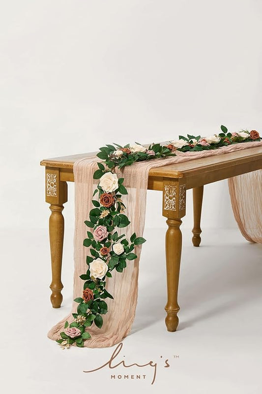Ling's moment 5FT Terracotta Artificial Flower Garland Rust Rose Leaves Floral Garland Ivory Orange Arch Flowers Vine for Wedding Party Backdrop Decor Mantel Home Table Centerpieces Wall Decorations