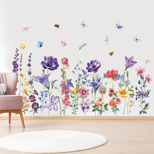 Colorful Wildflower Wall Stickers Spring Flower Butterflies Dragonflies Floral Botanical Wall Decals Peel and Stick Wall Art Stickers for Baby Nursery Girls Bedroom Kids Room Wall Decor