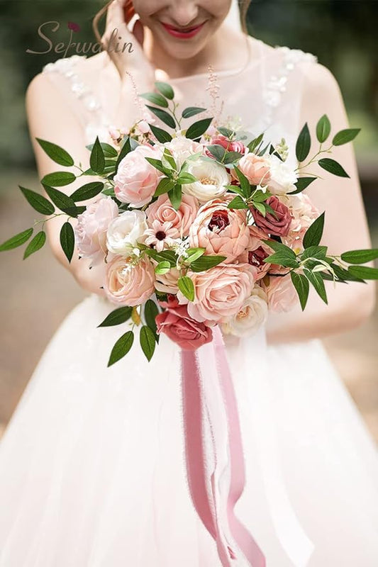Serwalin 2PCS Artificial Flowers Pink Peonies Silk Flowers Fake Flowers Mixed Roses Combo Dusty Roses for DIY Wedding Bouquets Centerpieces Arrangements for Home Party Table Decor