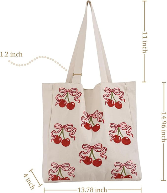 Aesthetic Embroidery Tote Bag for Lady Cute Reusable Canvas Shoulder Bag for Girls Women Shopping Grocery