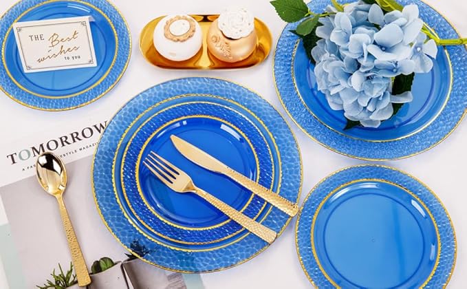 Nervure 150PCS Clear Blue Plastic Plates - Gold Party Plates - Blue and Gold Dinnerware Set Include: 50 Disposable Plate, 25Cups, 25Forks, 25Knives, 25Spoons for Wedding & Party & Father's Day