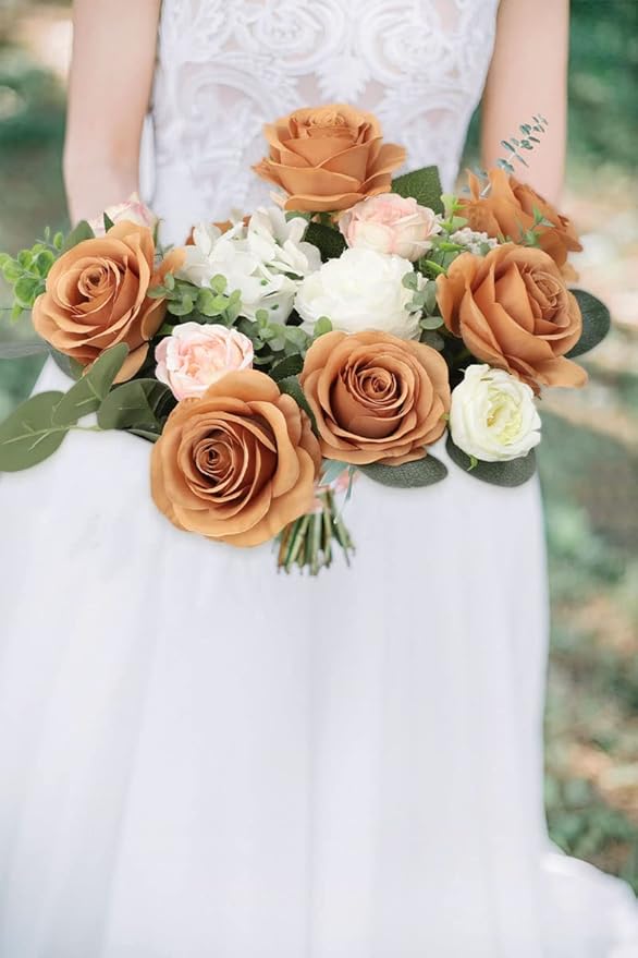 12pcs Roses Artificial Flowers Terracotta Fake Roses Flowers with Long Stems Silk Flowers for Wedding Bouquet Centerpices Decorations Party Bridal Baby Shower Home Decor