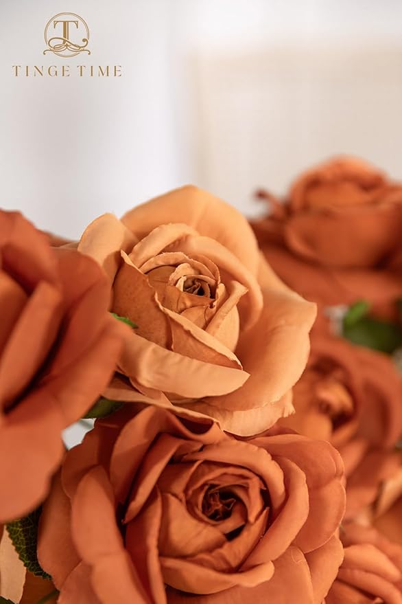 TINGE TIME Terracotta Artificial Flowers Combo Box Set, 16PCS Fake Rose Silk Flower w/Stem for DIY Wedding Bouquets Centerpieces Baby Shower Party Home Spring Decoration (Light & Deep Terracotta)