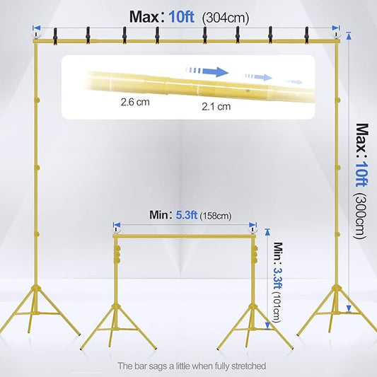 EMART Backdrop Stand 10x10ft(WxH) Photo Studio Adjustable Background Stand Support kit with 2 Crossbars, 8 Clamps, 2 Sandbags and Carry Bag for Parties, Events Decoration, Wedding -Titanium Gold