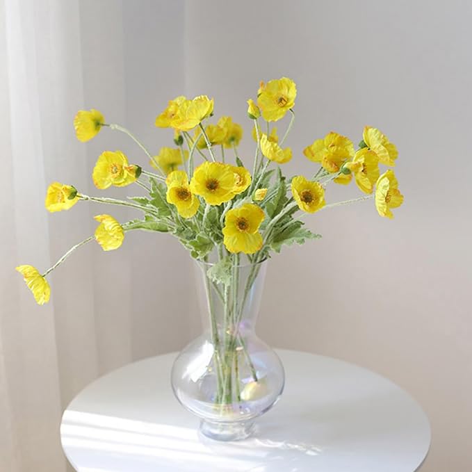 2 Pcs Artificial Fake Flowers Plants Poppies Silk Flower Arrangements Wedding Bouquets Decorations Plastic Floral Table Centerpieces for Home Kitchen Garden Party Decor Approx 23.6" High - Yellow