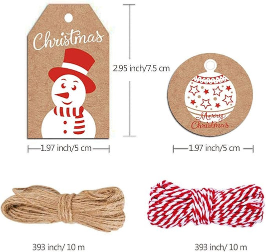 100 Pack Brown Kraft Paper Christmas Gift Tags, Xmas Brown Kraft Gift Tags with Jute Twine Baker Twine for DIY Xmas Holiday Present Wrap Stamp and Label Package Name Card