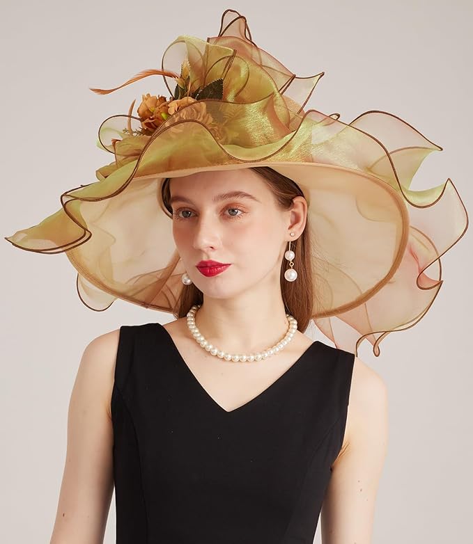 Organza Derby Hats for Women Wide Brim Fascinator Hat Rose Flower Wedding Tea Party Hat
