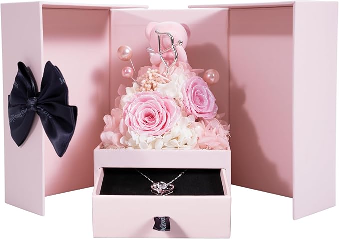 JoyFlower Preserved Flowers Cupid Bear Gifts for Girlfriend, Unique Pearl Rose Bear Birthday Gifts for Her, Eternal Roses Christmas Valentine's Day Gift for Wife Women