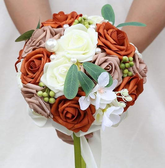 Lightweight Bridal Wedding Bouquet Round Holding Bouquet Throw Toss Artificial Rose Flower Bunch for Bride Bridesmaid Wedding Quinceanera (Cream, Coral & Rosy Brown, 6.7")