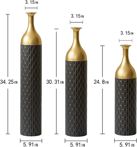 Metal Floor Vases Decorative, Set of 3 Flower Arrangement Stand, Tall Gold&Black Metal Floor Vases for Living Room, Bedroom & Entryway, 34.25", 30.31", 24.8" H (Gold&Black)