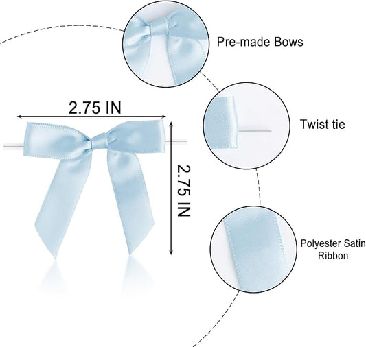 50 PCS Light Blue Twist Tie Bows 2.5" Satin Ribbon Bows Decor for Gift Wrapping Craft Treat Bags Cake Pop Basket, Wedding Baby Shower Birthday Party Favors