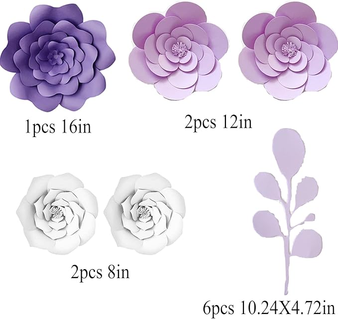3D Party Paper Flower Decorations Need Assembled Artificial Paper Flower Decorations with Leaves Wall Backdrop Decor (White Purple Set) Wedding Bridal Nursery Baby Shower Decor Wall Flowers Decor