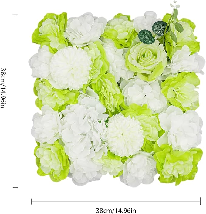 12Pcs Artificial Flower Wall Panel,3D 15" X 15" Silk Rose Mat Artificial Flower Wall,Decorative Backdrop Flower Panels Wall for Wedding Party Stage Baby Shower Decor (Green, White)