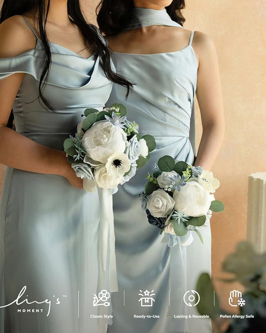 Ling's moment Artificial Flowers Dusty Blue Bridesmaid Bouquet Set of 4, Blue & White Wedding Flowers Bouquets for Bridesmaids, 7 Inch Bridal Bouquets for Bridesmaids