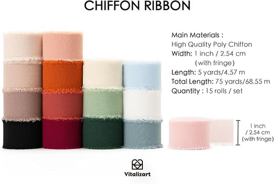 Vitalizart 1" x 75Yd Chiffon Silk Ribbon Mixed Color Ribbons Set 5 Yd x 15 Rolls Fringe Fabric for Wedding Invitations Bridal Bouquets Decorations Gifts Wrapping & Bow Making
