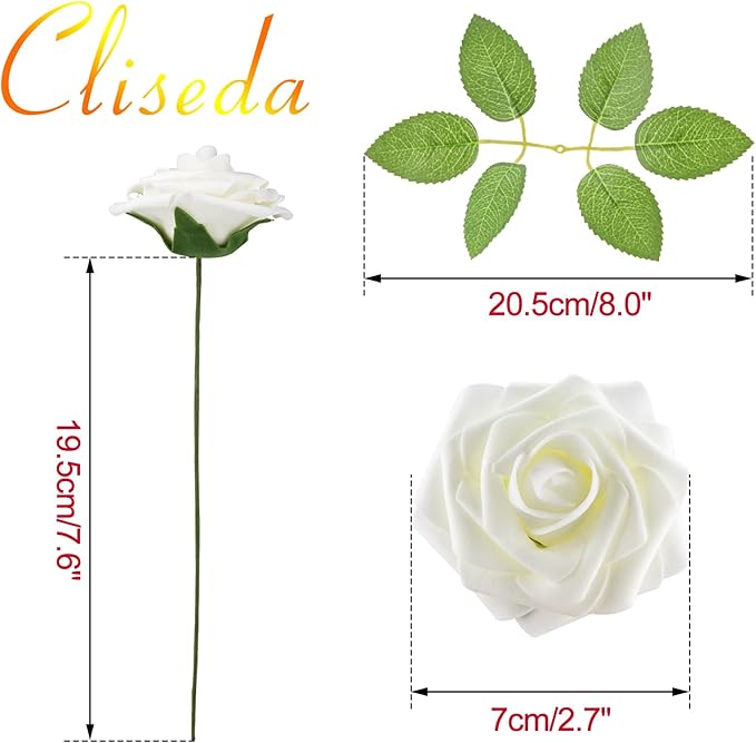 Cliselda 100Pcs Artificial Flowers Ivory White Fake Roses with Stems, Valentine's Day Gifts, Real Touch Foam Rose Bulk Faux Flowers for Decoration Centerpieces Flower Arrangements