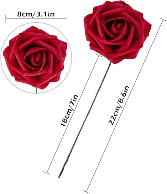 25pcs Artificial Flower Foam Rose Real Touch Roses Flower Heads with Stem for DIY Wedding Bouquets Centerpieces Arrangements Party Baby Shower Home Decor (Dark Red)