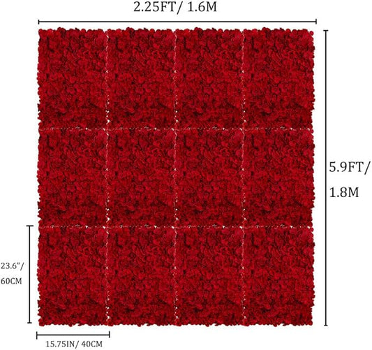 BLOSMON Flower Wall Panel Backdrop - 12 Pcs 24 x 16 Inch Red Artificial Hydrangea Floral Panels for Wedding Party Baby Bridal Shower Decor - 3D Fake Silk Flower Backdrop Decoration