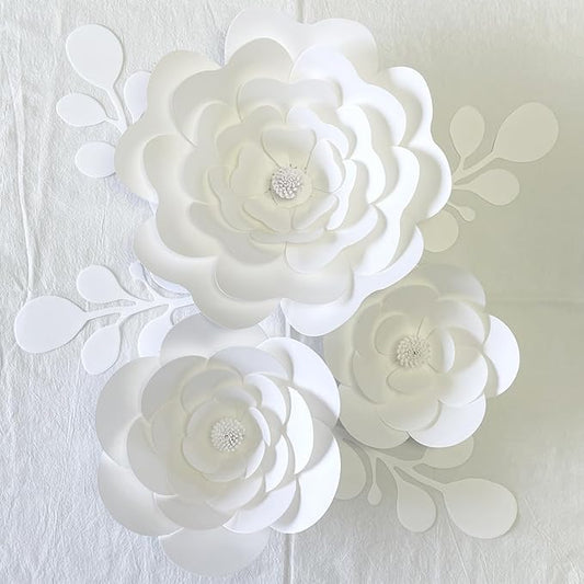 Party Paper Flower Decorations Need Assembled 3D Paper Flowers with Leaves Wall Backdrop Decor Large Paper Flower Decoration(White Set) Wedding Bridal Shower Nursery Baby Shower Wall Flowers Decor