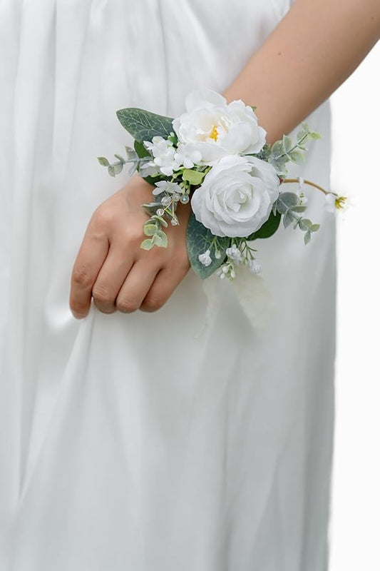 White Corsages for Wedding(Set of 6),Corsages for Prom,Party Prom Hand Flower Decor,Mother of The Bride Corsage,Bridesmaid Wrist Corsage