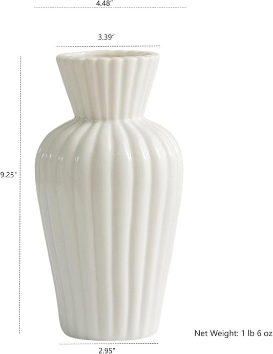 Minimalist White Ceramic Vase for Home Decor - 9.25" Modern Fluted Flower Bud/Table Centerpiece - Aesthetic Nordic Farmhouse Decorative Pottery for Living Room, Shelf, Wedding Gift