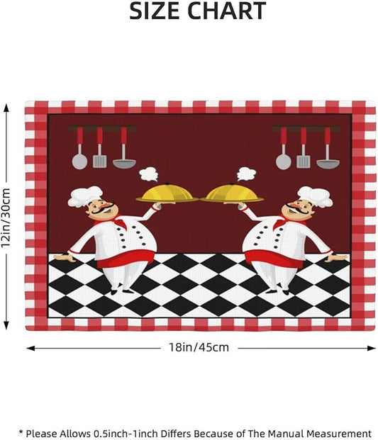 Fat Chef Kitchen Linen Placemats Set of 6 Red Plaid Cooking Theme Placemats for Indoor Outdoor Party Home Desktop Dining Room Decor 12x18 Inch