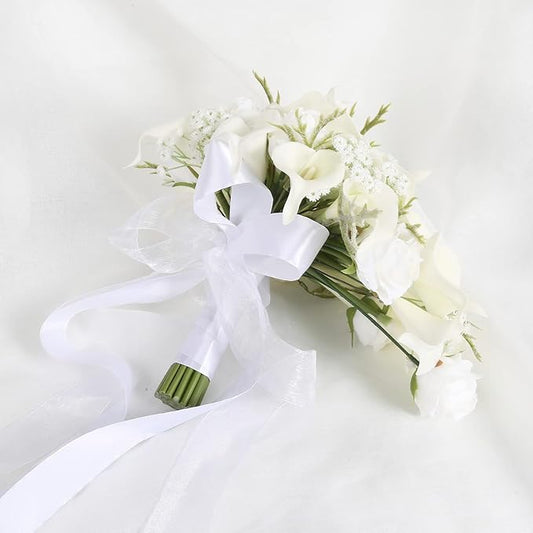 Bride Bouquets for Wedding,11 Inch White Calla Lily Cascading Bridal Bouquet Silk Flowers for Ceremony Anniversary Wedding Bridal Shower(Natural Whites)