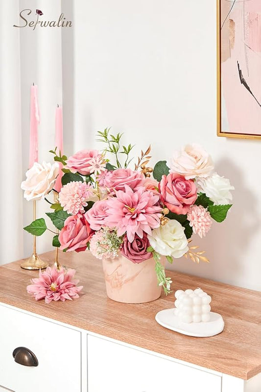 Serwalin Artificial Flowers Wedding Pink Flowers Silk Fake Dahlia Cake Flowers for Wedding Bouquets Table Centerpieces Birthday Party Bridal Baby Shower Home Decorations