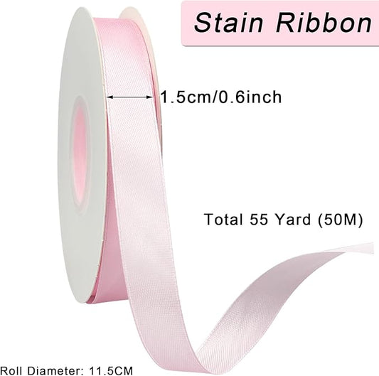 Pink Satin Ribbon 3/5 inch x Continuous 55 Yards Light Pink Ribbons for Crafts Gift Wrapping Bow Wedding Decoration, Pink Ribbon for Flower Bouquet Christmas Halloween Party