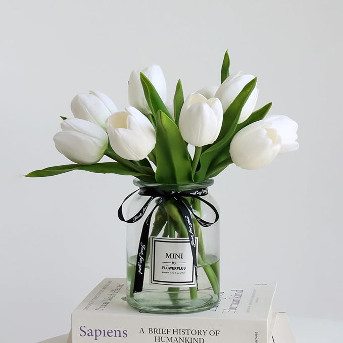 10pcs Fake Faux Tulips in Vase,Silk White Tulipanes Tulips Artificial Flowers Real Touch Arrangements with Vase for Desk Table Decoration Home Decor