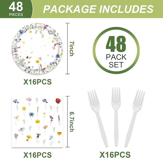 48pcs Flower Party Decoration Set,16 Dessert plate,16 Napkin And 16 Fork,16 persons Baby in Bloom Floral Disposable tableware,Wildflower Birthday Party Supplies (Multicolor 24)