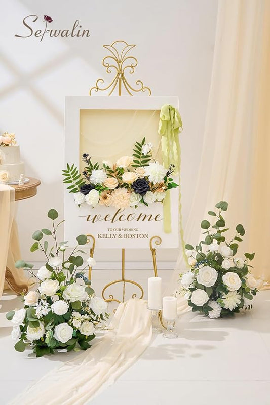 Serwalin Artificial White & Black & Champagne Flowers, Silk Fake Flowers for DIY Wedding Bouquets Cake Flowers, Table Centerpieces Baby Shower Birthday Party Home Decorations
