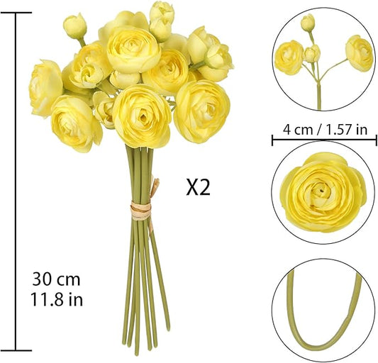 IPOPU Artificial Ranunculus 2 Bouquets Small Yellow Artificial Flowers 12PCS Faux Ranunculus Flowers for Vase Filler Bouquet Wedding Decor Bridal Shower Floral Filler Flowers Centerpieces (Yellow)