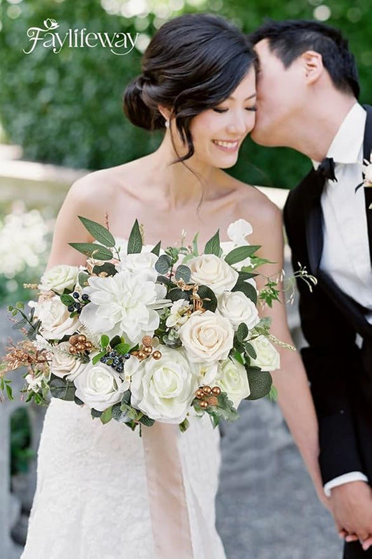 Artificial Flowers, 2PCS White Silk Flowers with Stems for DIY Wedding Bridal Bouquets Baby Shower Floral Arrangement Table Centerpieces Home Decoration