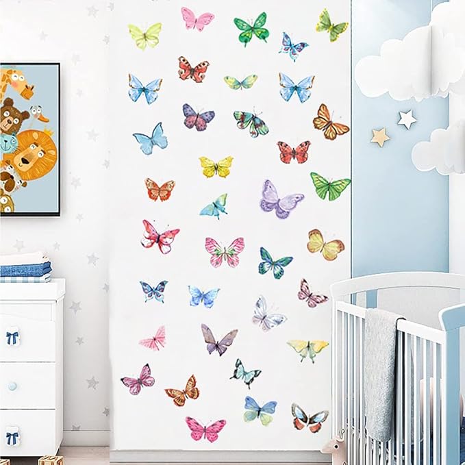 AOWDIAO Watercolor Butterfly Peel and Stick Wall Decals for Girls Bedroom Nursery Room Decor