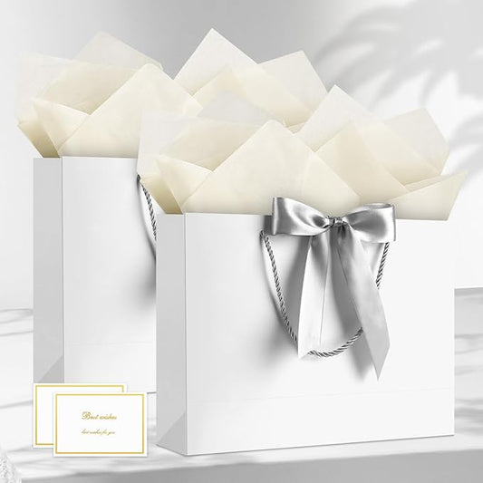 JMANNI Gift Bag, 1PCS Gift Bags Large with Ribbon and 1 Greeting Cards 2 Tissue Paper, Portable Paper Gift Bag with Handles, Birthday Gift Bags,Present Bags for Wedding Party Mothers Day